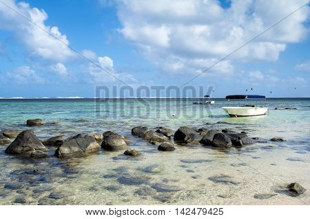 BEL OMBRE, MAURITIUS ISLAND - JUNE 17, 2016: Diving boat in Bel Ombre beach, Mauritius island, June 17, 2016