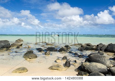 BEL OMBRE, MAURITIUS ISLAND - JUNE 16, 2016: Diving boats in Bel Ombre rocky beach, Mauritius island, June 16, 2016
