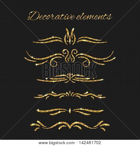 Ornamental decorative elements. Gold text dividers set. Vector ornate design. Golden flourishes. Shiny decorative hand drawn borders with glitter effect. Calligraphic decorations with sparkles.