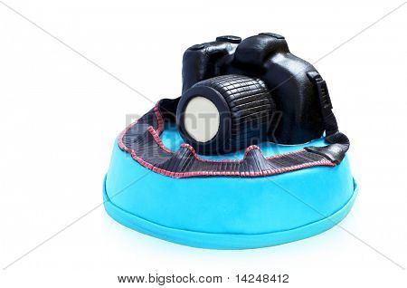 Blå kage med chokolade photocamera