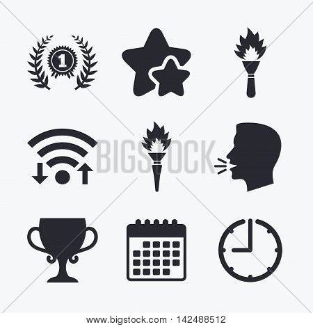 First place award cup icons. Laurel wreath sign. Torch fire flame symbol. Prize for winner. Wifi internet, favorite stars, calendar and clock. Talking head. Vector