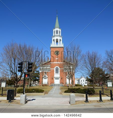 First Unitarian Church was built in 1816 at the head of Church Street as the oldest house of worship in Burlington, Vermont, USA