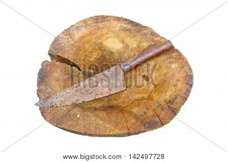 wood cutting board and rusty knife on white background