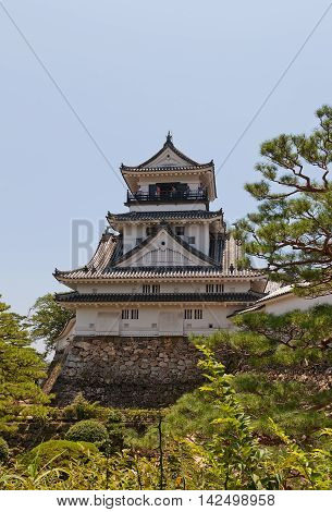 KOCHI JAPAN - JULY 19 2016: Main keep (tenshukaku) of Kochi castle (circa 18th c.) Shikoku Island Japan. Kochi is one of only 12 survived castles in Japan