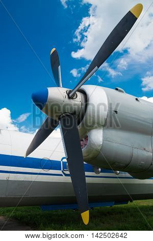 Old vintage jet engine on a background of blue sky
