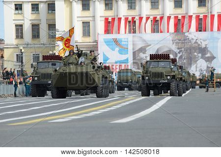 ST. PETERSBURG, RUSSIA - MAY 05, 2015: BTR-82A at the head of the column of military equipment to the rehearsal parade in honor of Victory Day. Saint-Petersburg