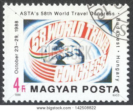 MOSCOW RUSSIA - CIRCA APRIL 2016: a post stamp printed in HUNGARY dedicated to the 5th World ASTA Congress Budapest circa 1988