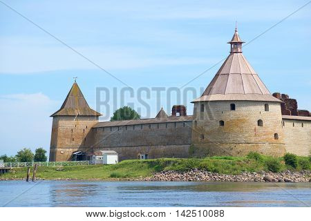 Two old towers of the Oreshek fortress close-up, day in august