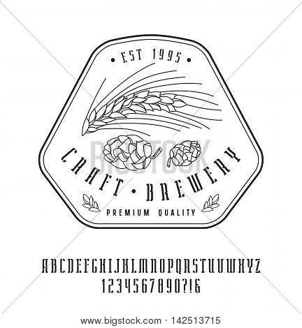 Stencil-plate narrow serif font and craft brewery label. Bold face. Black print on white background