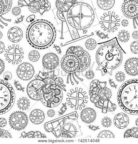 Seamless graphic background with clocks and mechanical parts on white. Graphic linear pattern with engraved drawings, vintage illustration with retro watch and mechanisms, steampunk style