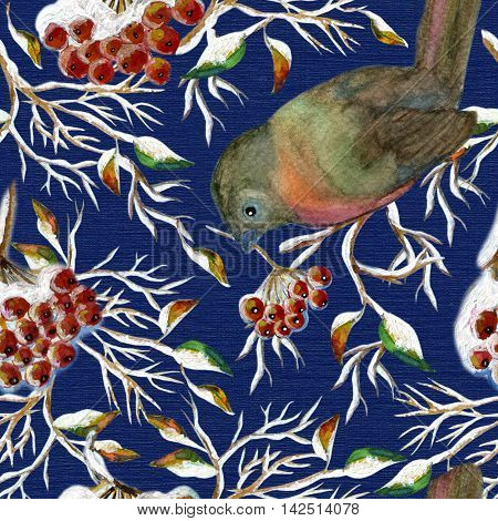 Birds with red berries and tree branch on blue textured background, seamless winter pattern.  Design art collection for Christmas and New Year print. Hand drawn watercolor repeated illustration