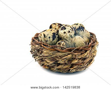 Wooden basket with eggs isolated on white background