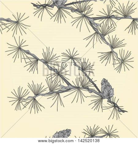 Seamless texture Larch tamarack branch as vintage engraving vector illustration