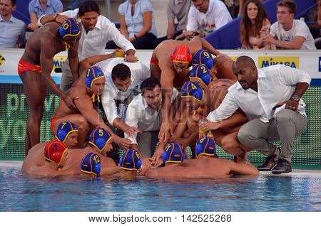 Budapest Hungary - Jul 15 2014. Spanish waterpolo team preparing for the battle-cry. The Waterpolo European Championship was held in Alfred Hajos Swimming Centre in 2014.