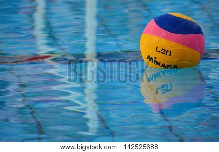 Budapest Hungary - Jul 15 2014. Waterpolo ball in the swimming pool.
