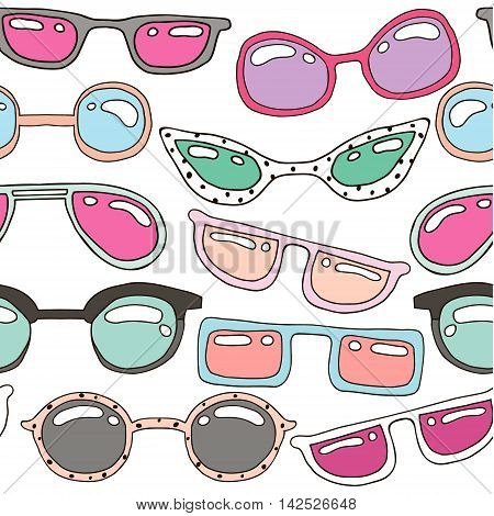 Seamless pattern with colorful pastel hand drawn sunglasses. Beauty summer texture. Perfectly look on fabric web textile etc. Vector Illustration