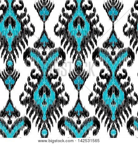 Seamless pattern Tribal Art Ikat Ogee in traditional classic blue and white colors. Boho style.