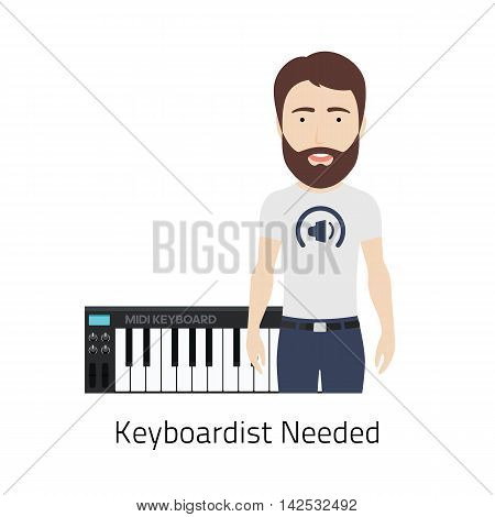 Vector Illustration of a Bearded Man with MIDI Keyboard. Could be used for Keyboardist Job Vacancy.