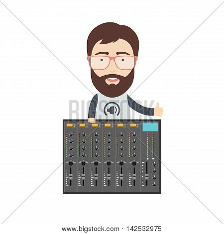 Vector Illustration in Flat Style of a Sound Engineer with Music Mixer