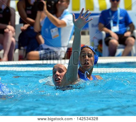 Budapest Hungary - Jul 16 2014. Great Britain playing against Greece. The Waterpolo European Championship was held in Alfred Hajos Swimming Centre in 2014.