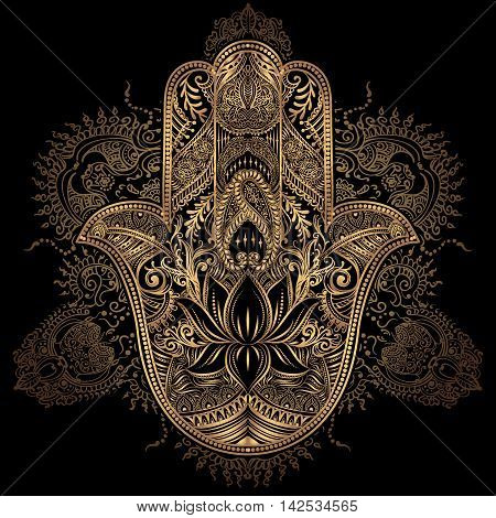 Hand drawn Ornate amulet Hamsa Hand of Fatima. Ethnic amulet common in Indian Arabic and Jewish cultures.