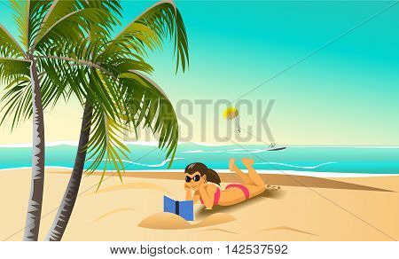 girl reading book on the beach under palm trees