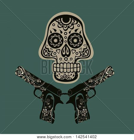 Hand drawn skull with guns on a grungy background in vintage style. Vector illustration