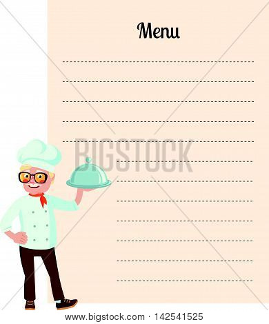 Stock vector illustration of a senior chef with dish in hand on the background of the empty blank menu