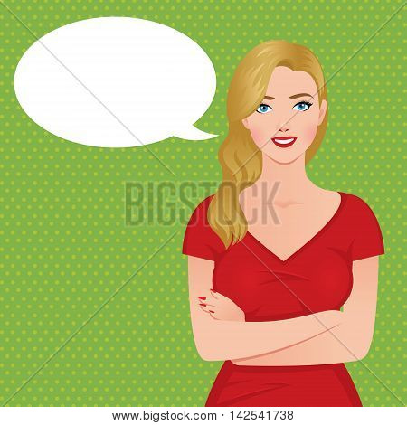Stock vector illustration of a beautiful luxurious blond woman in a red dress in the style of pin-up and speech cloud