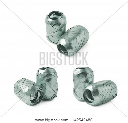 Two glossy ribbon reels, composition isolated over the white background, set collection of three diffirent foreshortenings