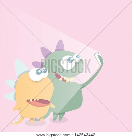 Monster Taking Selfie Photo on Smart Phone . vector creative illustration