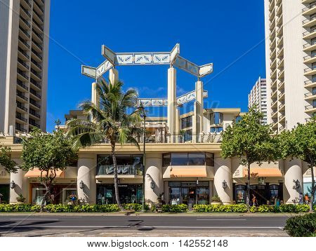 HONOLULU, USA - AUG 4: Retail outlets on Kalakaua Avenue on August 5, 2016 in Waikiki, Hawaii. Kalakaua Avenue is the favorite luxury shopping strip for tourists visiting Hawaii.