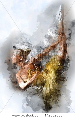 Lovely ballet dancer in yellow tutu. Digital watercolor painting.
