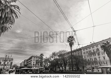 Roman landscape. Beautiful streets of Rome on a black and white photo.