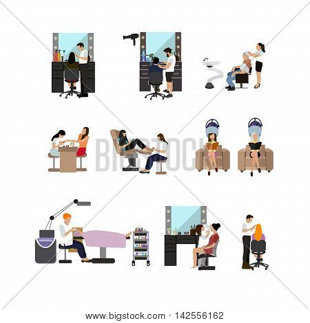 Vector set of beauty salon people isolated on white background. Haircut, manicure and make up atelier. Women in beauty studio illustration in flat cartoon style.