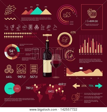 Premium quality wine infographic on vinous background. Modern web graphics linear icons.