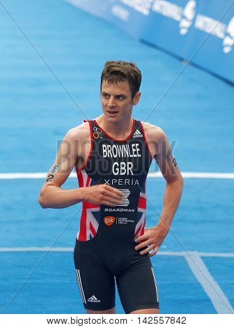 STOCKHOLM - JUL 02 2016: Running triathlete Jonathan Brownlee (GBR) on the second place at the finish in the Men's ITU World Triathlon series event July 02 2016 in Stockholm Sweden
