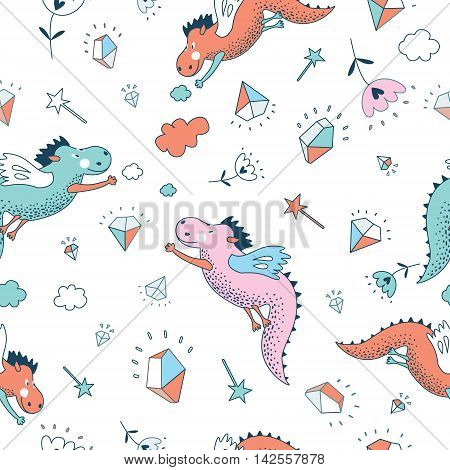Cute funny vector seamless pattern. Cute hand drawn doodle design baby shower cards brochures invitations with funny animals star with dragons dinosaur diamonds cloud rain drops flowers. Cartoon animals background. Child wallpaper decoration.