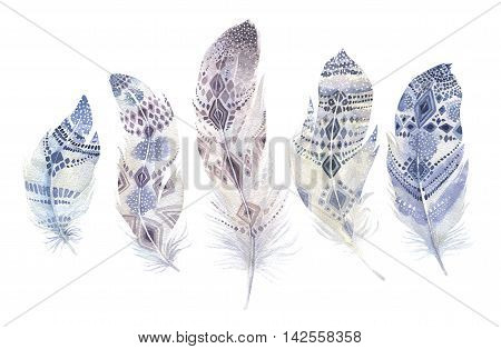 Hand drawn watercolor paintings vibrant feather set. Boho style wings. illustration isolated on white. Bird fly design for T-shirt invitation wedding card.Rustic Bright colors.