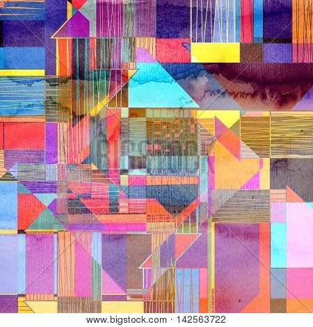Abstract watercolor background with an interesting variety of geometric elements