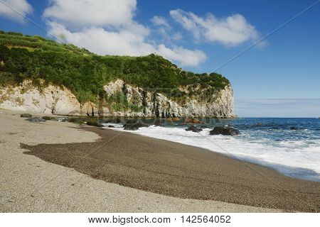 amazing beautiful sea landscape view of Moinhos beach at Porto Formoso Sao Miguel cost in Azores island of Portugal in holiday and vacation travel destination concept and summer tourism in Europe