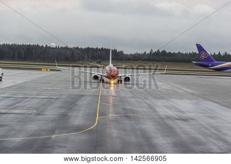 OSLO GARDERMOEN NORWAY - NOVEMBER 3:Aircrafts at Oslo Gardermoen International Airport on november 3 2014 in Oslo. The airport has biggest passenger flow in Norway.