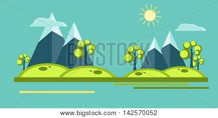 Mountain vector veiw in  flat style. Vector signs, elements for your design. Sun, clouds, mountains, trees over blue sky. Eps10