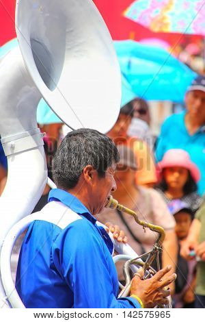 Lima, Peru-january 31: Unidentified Man Plays Sausaphone During Festival Of The Virgin De La Candela