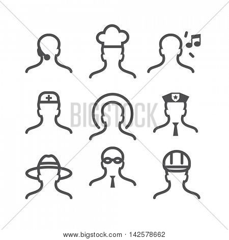 Human avatar thin line set: operator, cook, music lover, doctor, saint, police officer, traveler, office manager,  worker