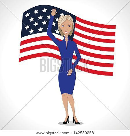 Vector illustration of american election for first woman candidate.Woman orator speech on usa election 2016.First lady president in blue suit with words Hillary 2016 on american flag background