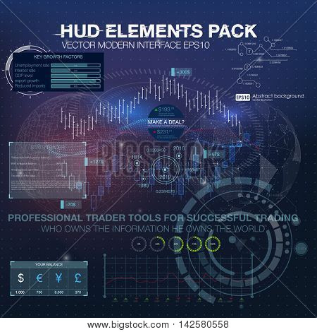 Fantastic abstract background with different elements of the HUD. Statistic and data, information infographic elements. Business abstract background. application for finance and asset trading