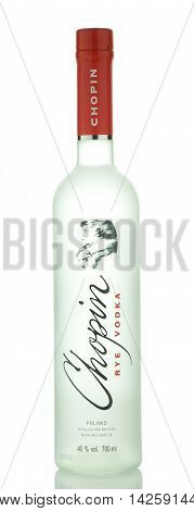 CIRCA MAY 2016 - GDANSK:  Chopin rye vodka isolated on white background. It is produced in Siedlce, Poland. It is distilled four times and it has been offered in Poland since 1993.