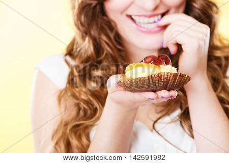 Closeup Flirty Woman Eating Fruit Cake