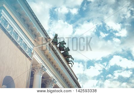 Saint-Petersburg Russia - August 12 2016: Element of the Alexandrinsky Theatre or Russian State Pushkin Academy Drama Theater on Ostrovsky Square with blue sky background.